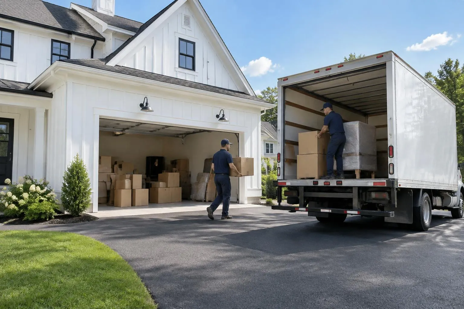 Illustrative moving-day scene for move in and move out cleaning, with an open garage, moving truck and workers loading boxes — not client work